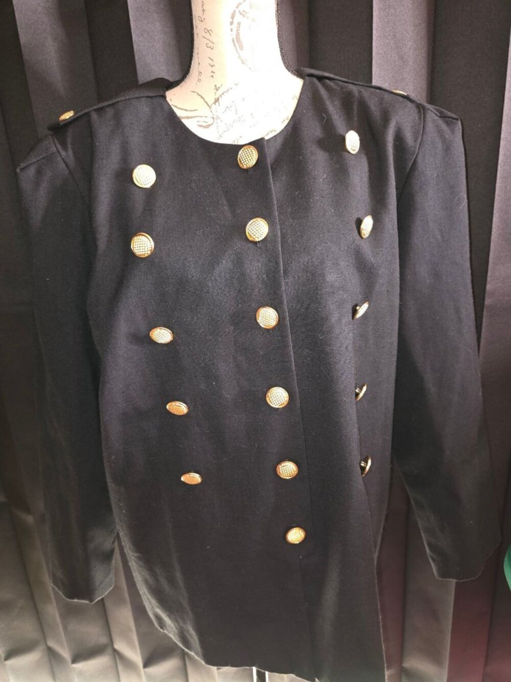 Black Double-Breasted Long Blazer Jacket With Gold Buttons By Chez California Si